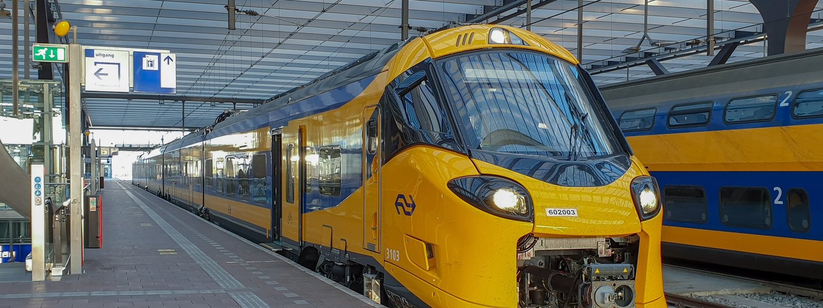 Een geel-blauwe NS-intercity aan het perron van een Nederlands station